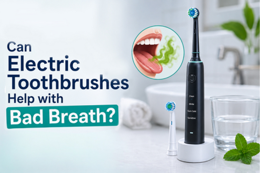Electric toothbrush for bad breath infographic highlighting fresh breath benefits in a clean, modern bathroom setting.
