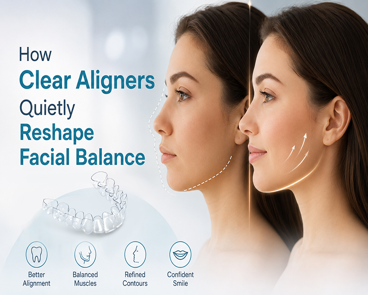 An image shows how clear aligners change the face