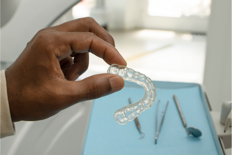 A dentist holding a retainer