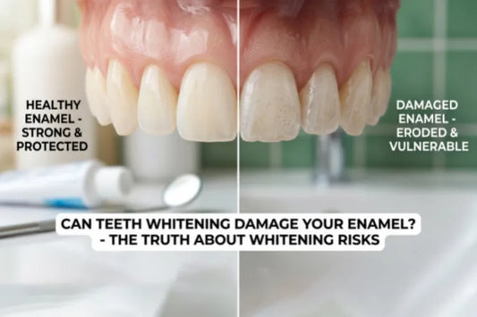 An image shows damaged enamel vs healthy enamel