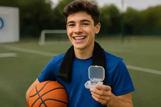 A boy holding a basketball in one hand and clear aligners inside a storage box in the other hand. 