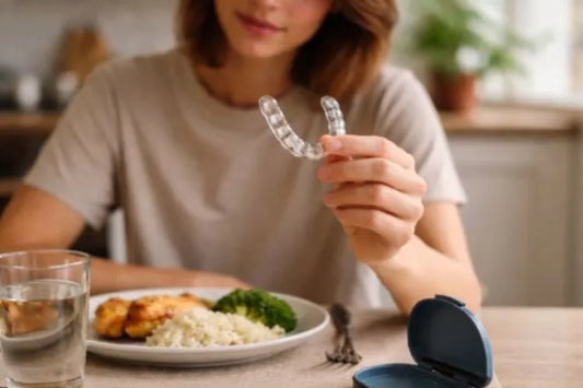 A person holding clear aligners at a dining table before eating.
