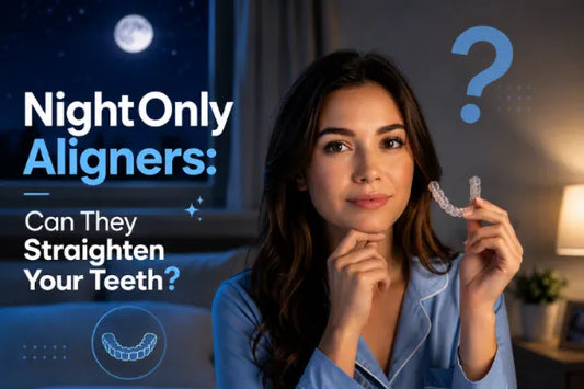  Girl holding NightOnly aligner with puzzled expression.