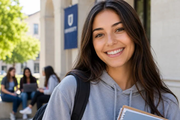 A university student smiling and showing her straightened teeth.