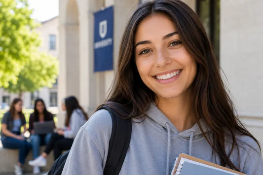 A university student smiling and showing her straightened teeth.