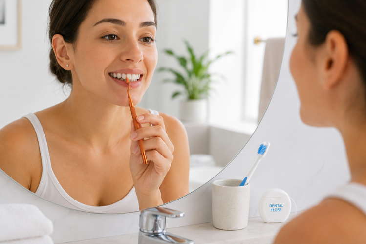 A woman using a gum stimulator while looking in the bathroom mirror.