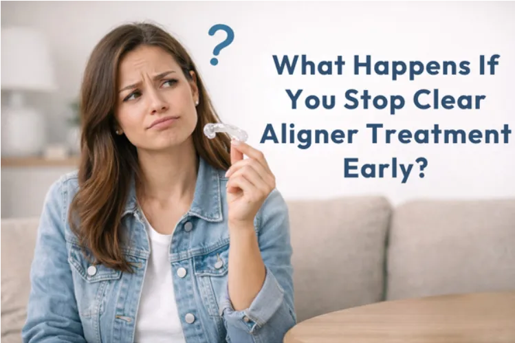Young woman sitting on a sofa, holding a clear aligner with a questioning expression, contemplating aligner treatment.