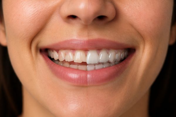 Split-image smile showing bruxism damage (worn, chipped teeth) vs protection with a clear night guard.