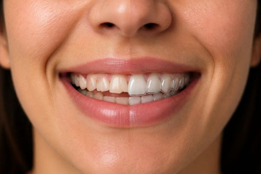 Split-image smile showing bruxism damage (worn, chipped teeth) vs protection with a clear night guard.