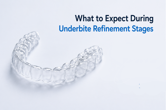 Clear aligner with text about underbite refinement stages.