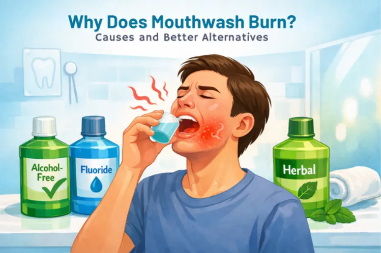 An illustration shows mouthwash burn and soothing alternatives