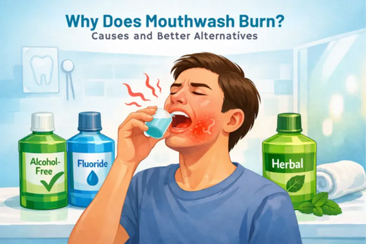 An illustration shows mouthwash burn and soothing alternatives