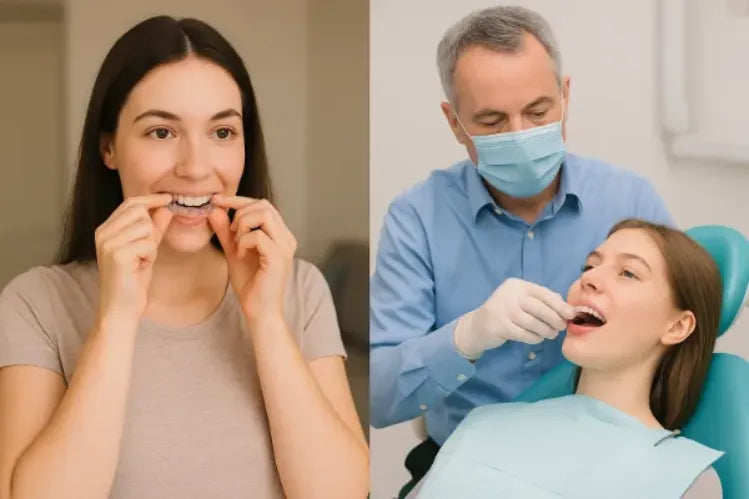 A comparison of a girl placing aligners in her mouth and a dentist placing aligners in a patient's mouth 